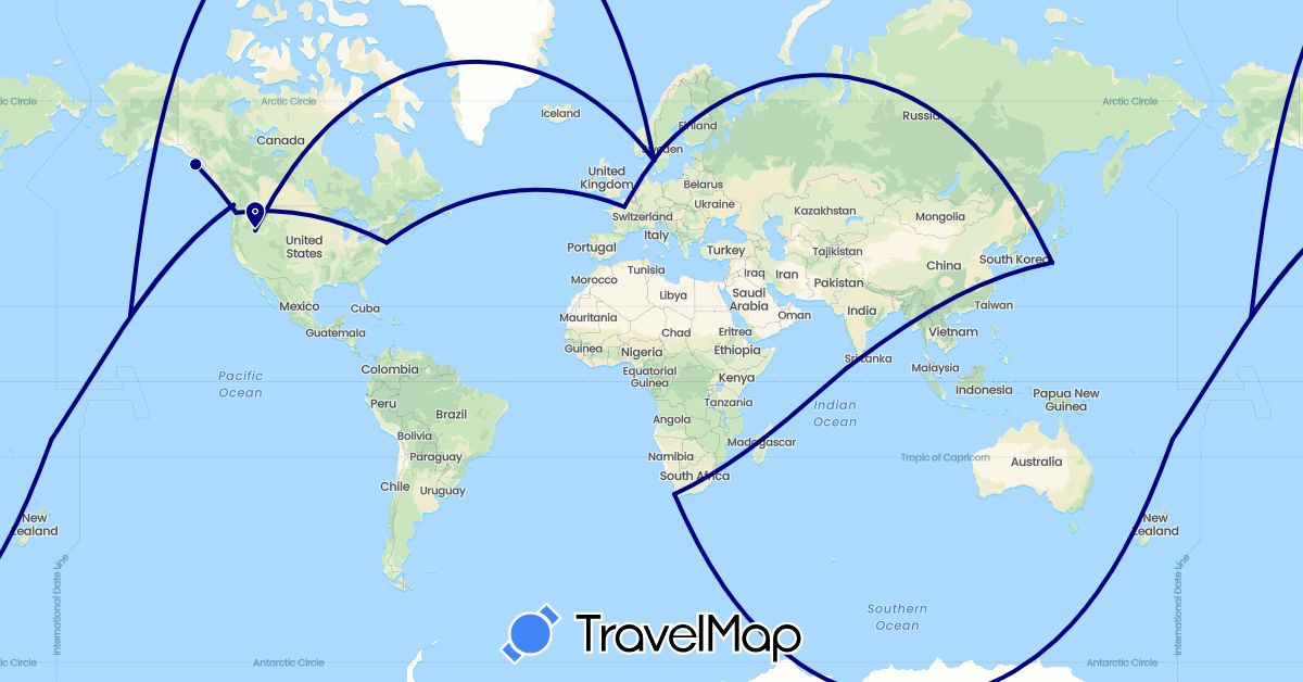 TravelMap itinerary: driving in Canada, Colombia, Fiji, France, Japan, Maldives, Sweden, United States, South Africa (Africa, Asia, Europe, North America, Oceania, South America)